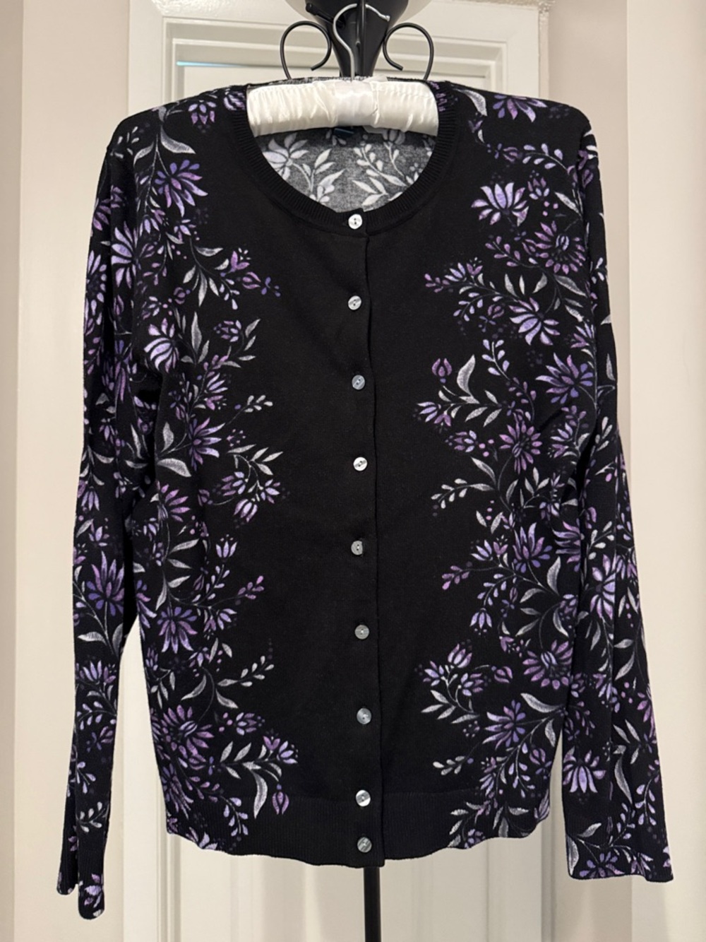 Karen Scott Black Floral Button-Front Women's Cardigan - Size M